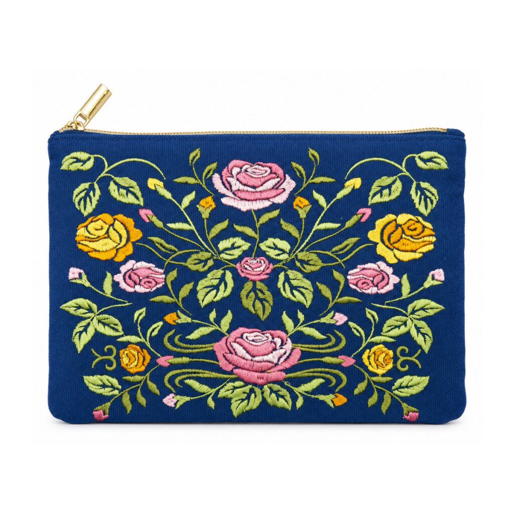 Navy Blue Floral Embroidered Canvas Zipper Pouch