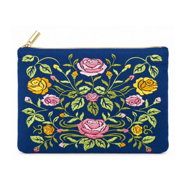 Navy Blue Floral Embroidered Canvas Zipper Pouch