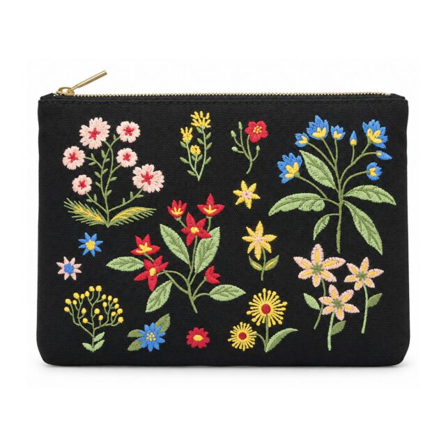 Black Multicolor Floral Embroidered Cosmetic Bag