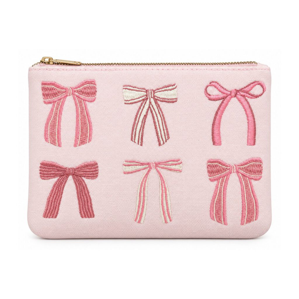 Pink Bow Embroidered Cosmetic Bag