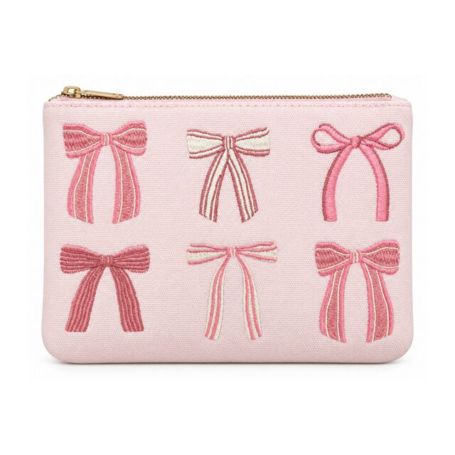 Pink Bow Embroidered Cosmetic Bag
