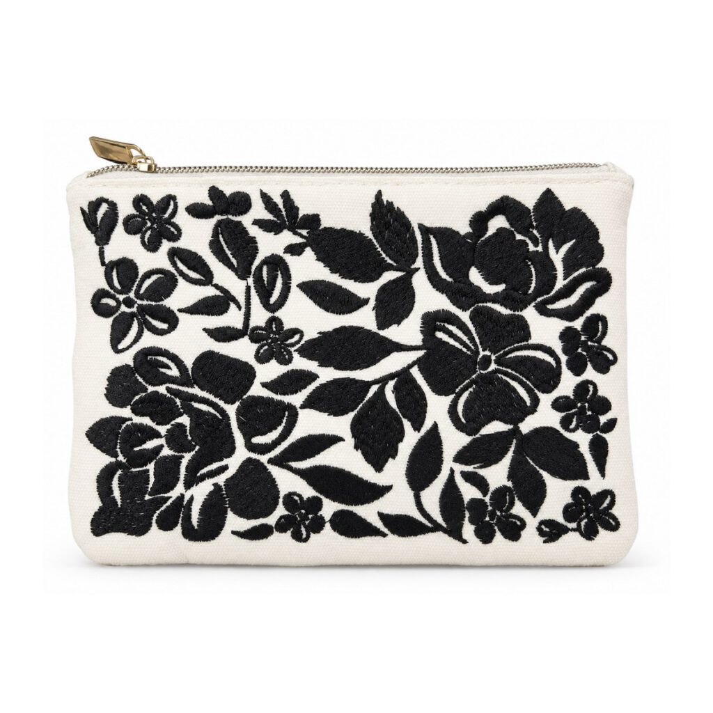 White Black Floral Embroidered Cosmetic Bag