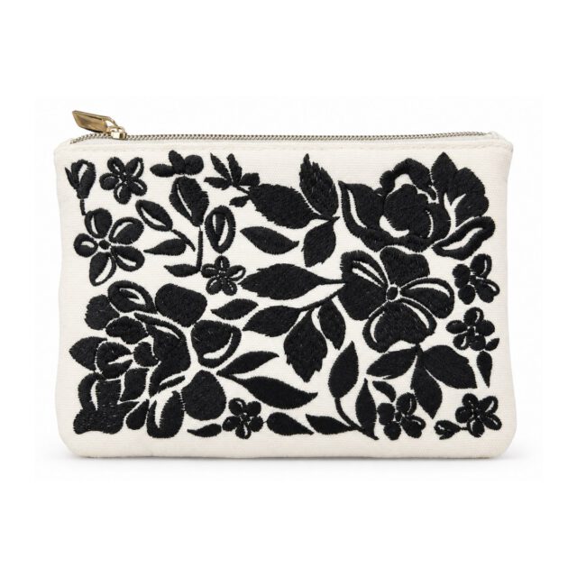 White Black Floral Embroidered Cosmetic Bag