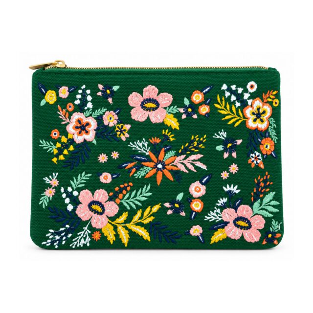 Dark Green Multicolor Floral Embroidered Cosmetic Bag