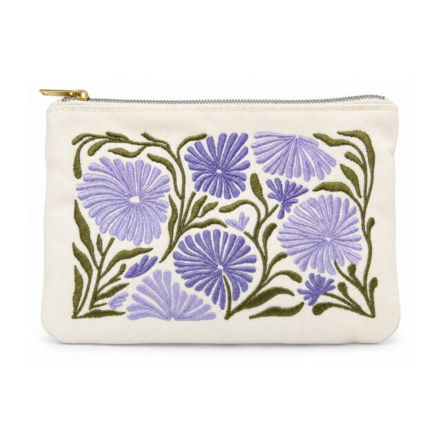 White Purple Floral Embroidered Cosmetic Bag