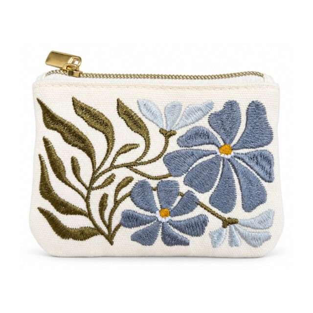White Blue Floral Embroidered Coin Purse
