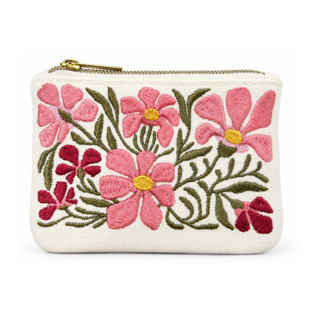 White Pink Floral Embroidered Coin Purse