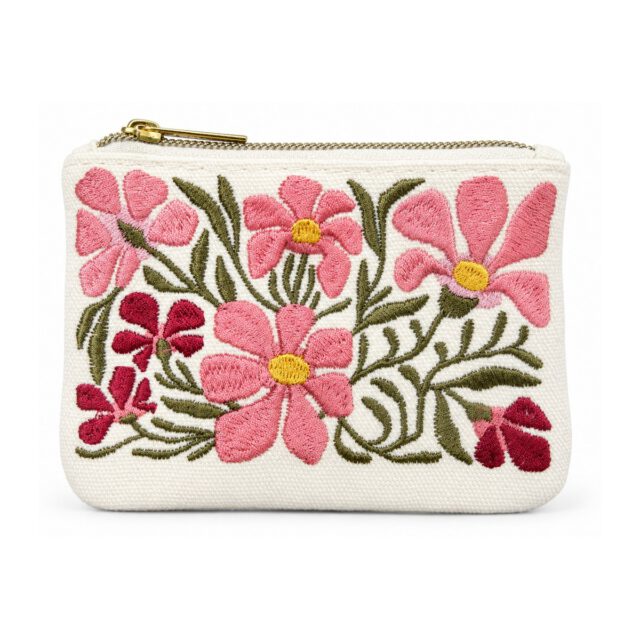 White Pink Floral Embroidered Coin Purse