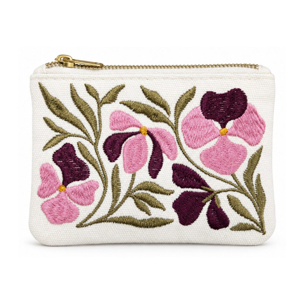 White Pink and Purple Floral Embroidered Coin Purse
