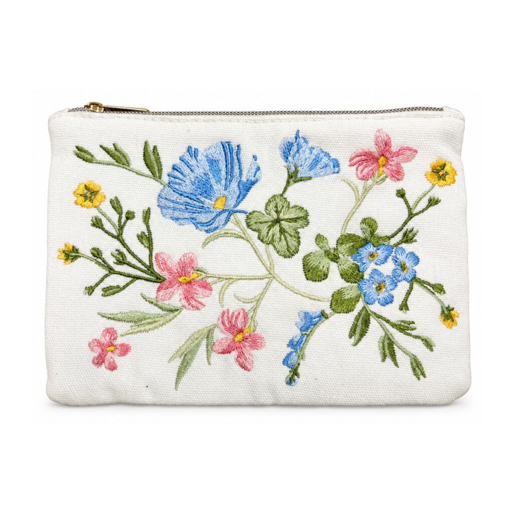 White Blue and Pink Floral Embroidered Cosmetic Bag
