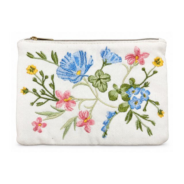 White Blue and Pink Floral Embroidered Cosmetic Bag