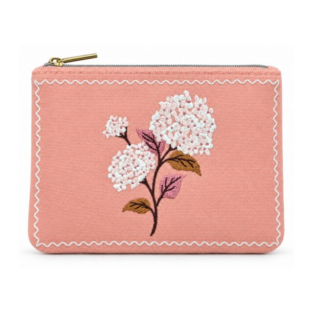 Pink Hydrangea Embroidered Cosmetic Bag