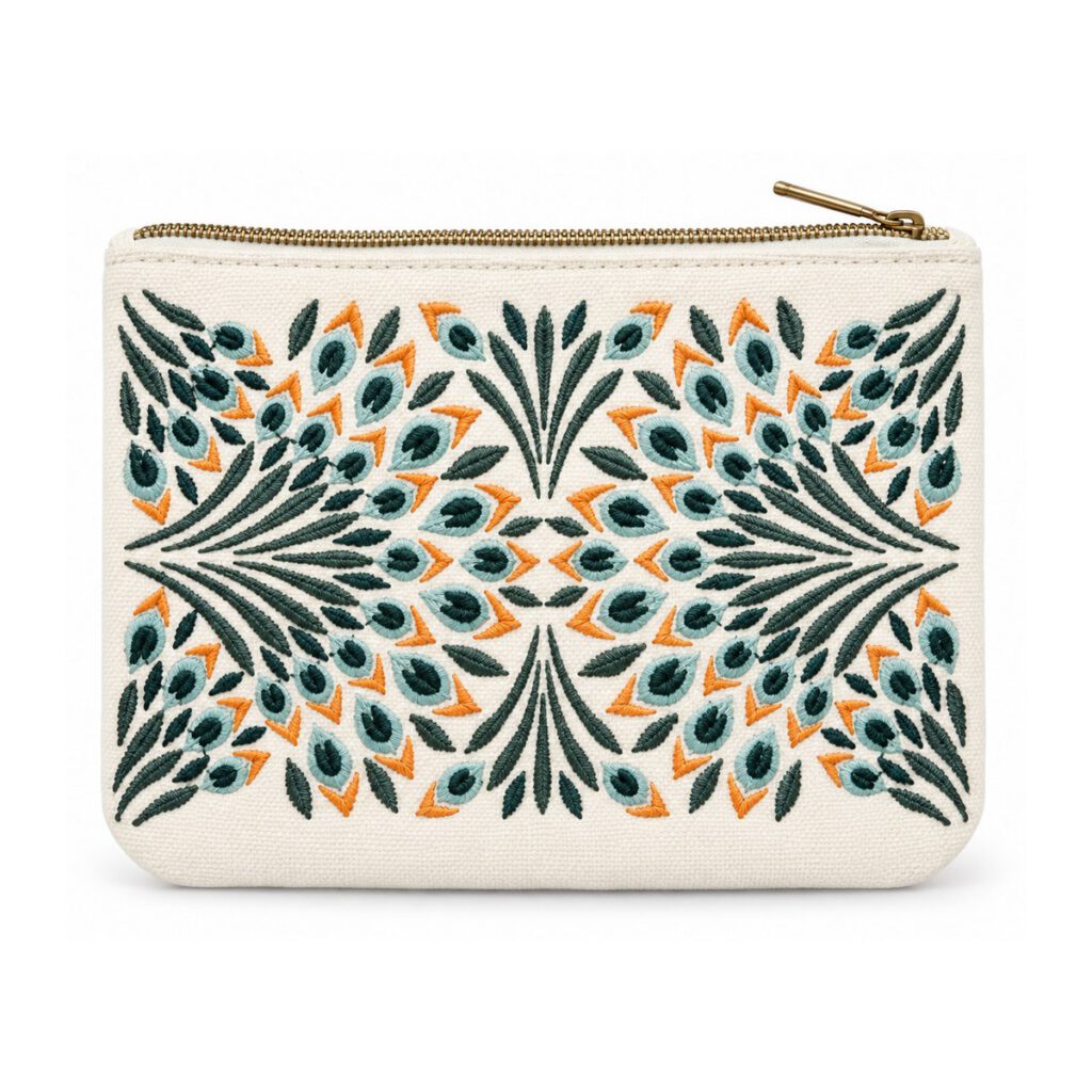 Ivory Botanical Embroidered Canvas Cosmetic Pouch