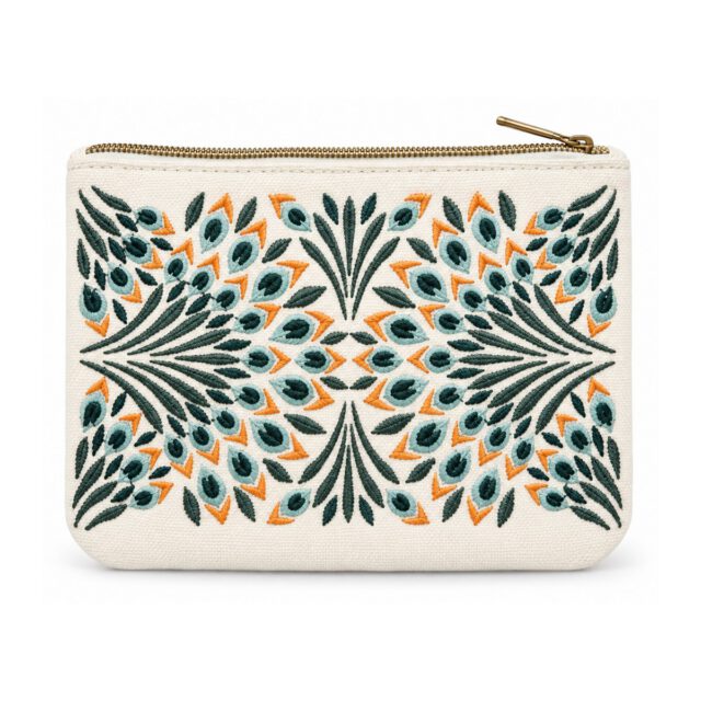 Ivory Botanical Embroidered Canvas Cosmetic Pouch