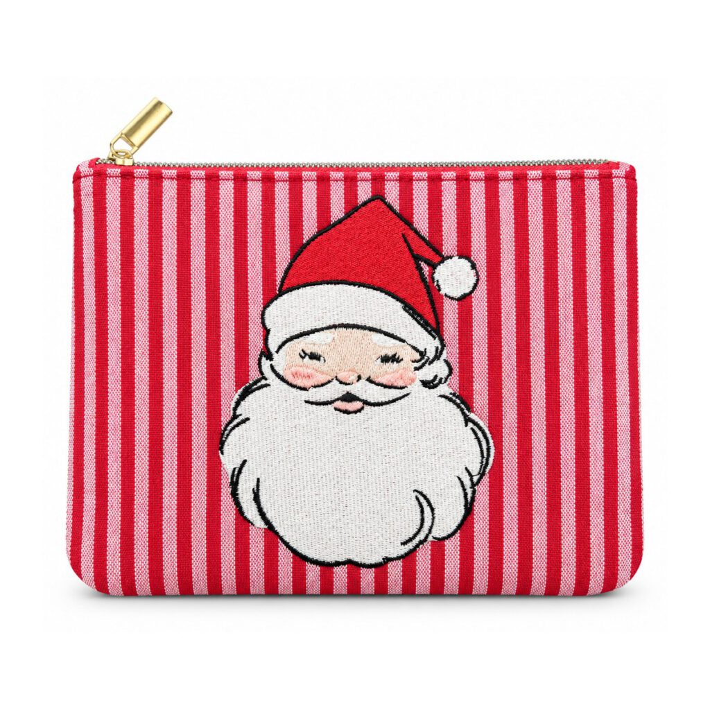 Red and White Striped Santa Embroidered Cosmetic Bag