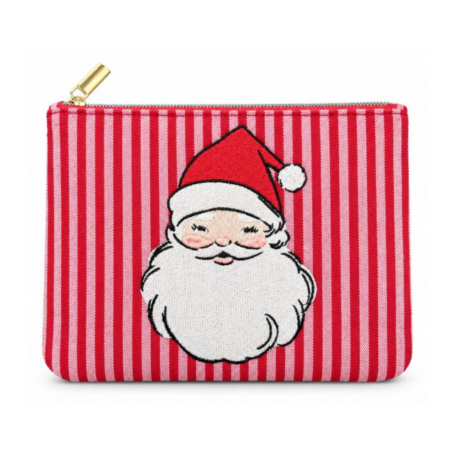 Red and White Striped Santa Embroidered Cosmetic Bag
