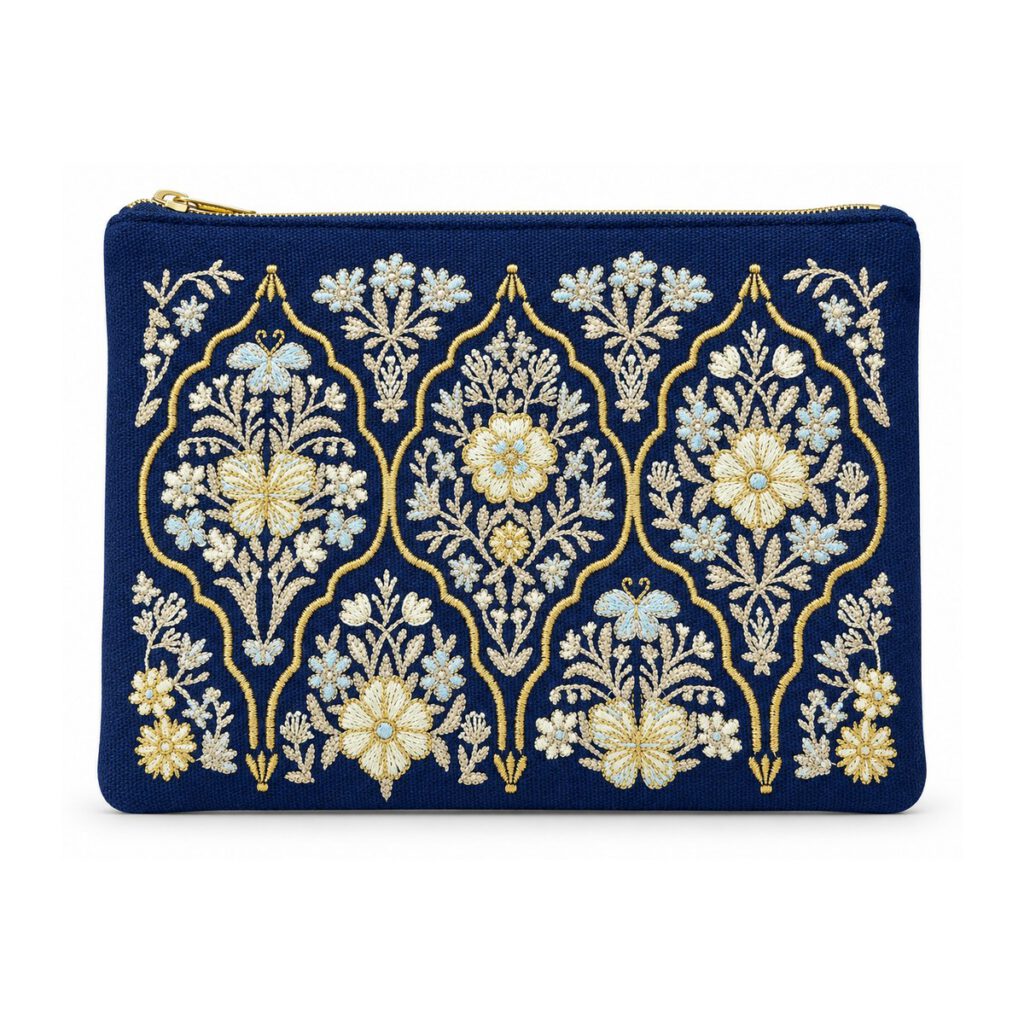 Navy Gold Floral Embroidered Cosmetic Bag
