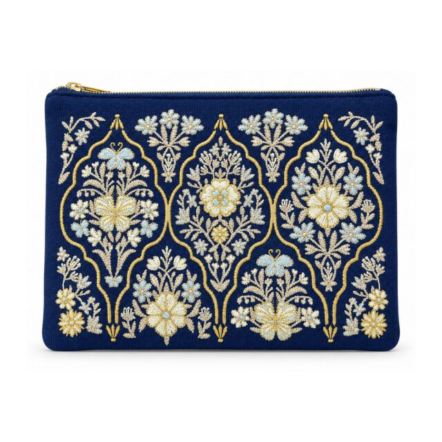 Navy Gold Floral Embroidered Cosmetic Bag