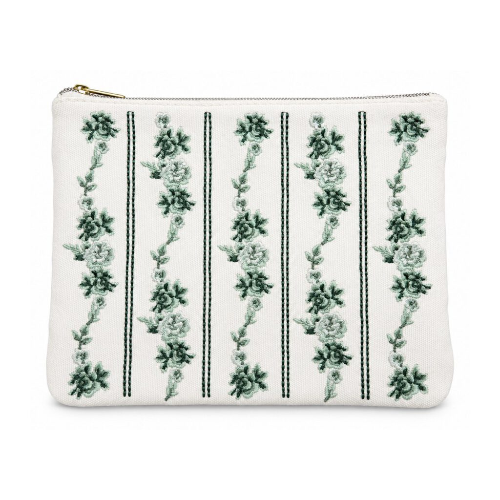 Off-White Dark Green Floral Embroidered Cosmetic Bag
