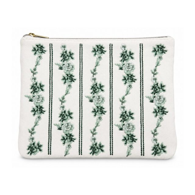 Off-White Dark Green Floral Embroidered Cosmetic Bag