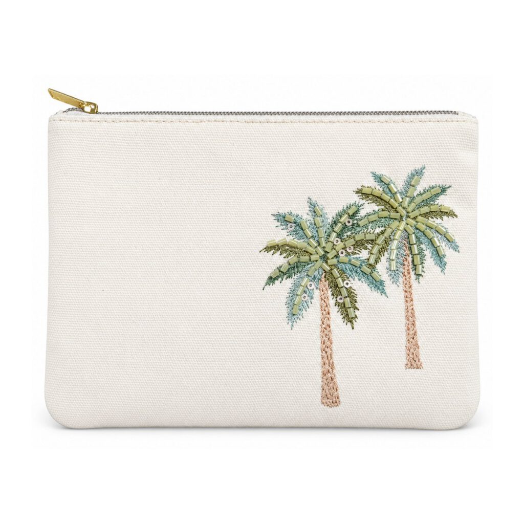 White Palm Tree Beaded Embroidered Cosmetic Bag
