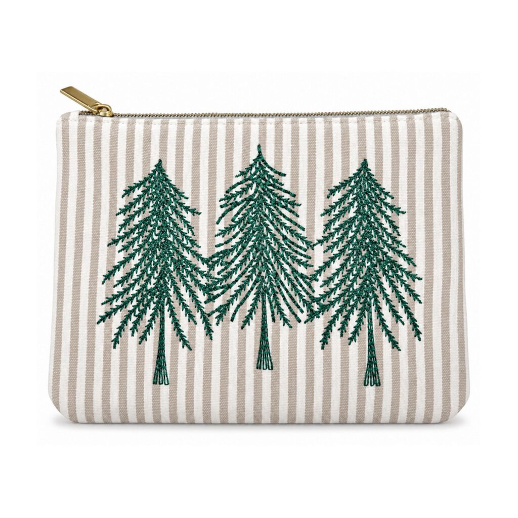 White Striped Pine Tree Embroidered Cosmetic Bag