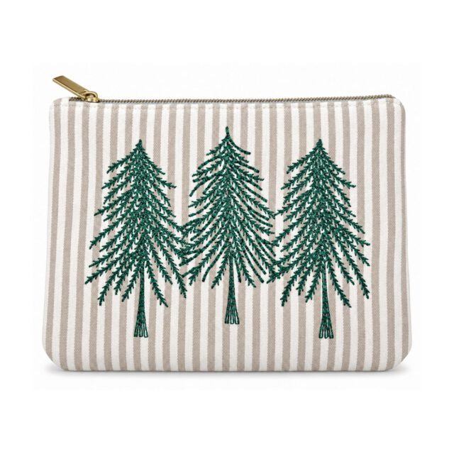 White Striped Pine Tree Embroidered Cosmetic Bag