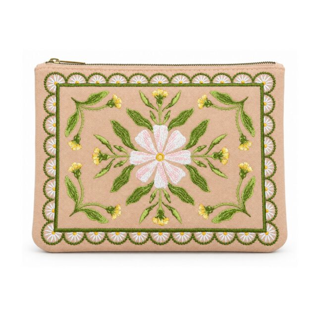 Light Pink Daisy Embroidered Cosmetic Bag
