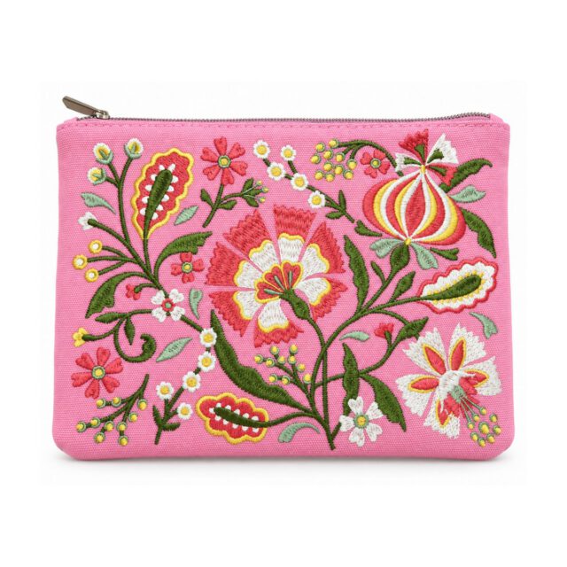 Pink Multicolor Floral Embroidered Cosmetic Bag