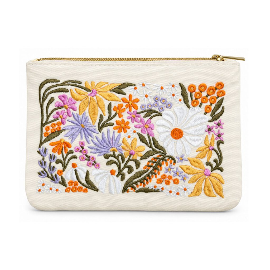 White Multicolor Floral Embroidered Cosmetic Bag