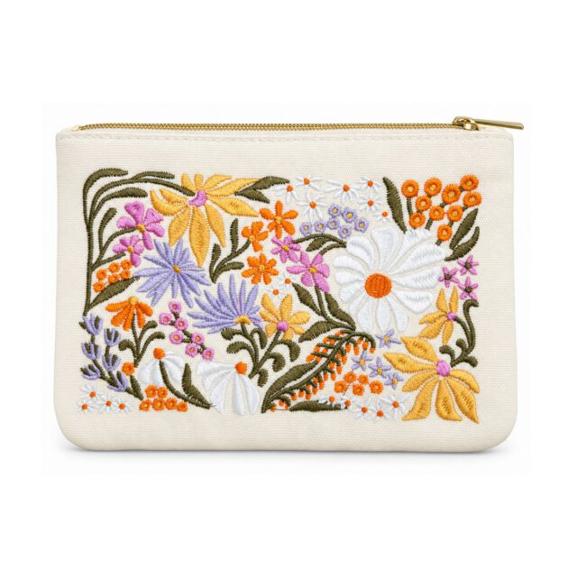 White Multicolor Floral Embroidered Cosmetic Bag