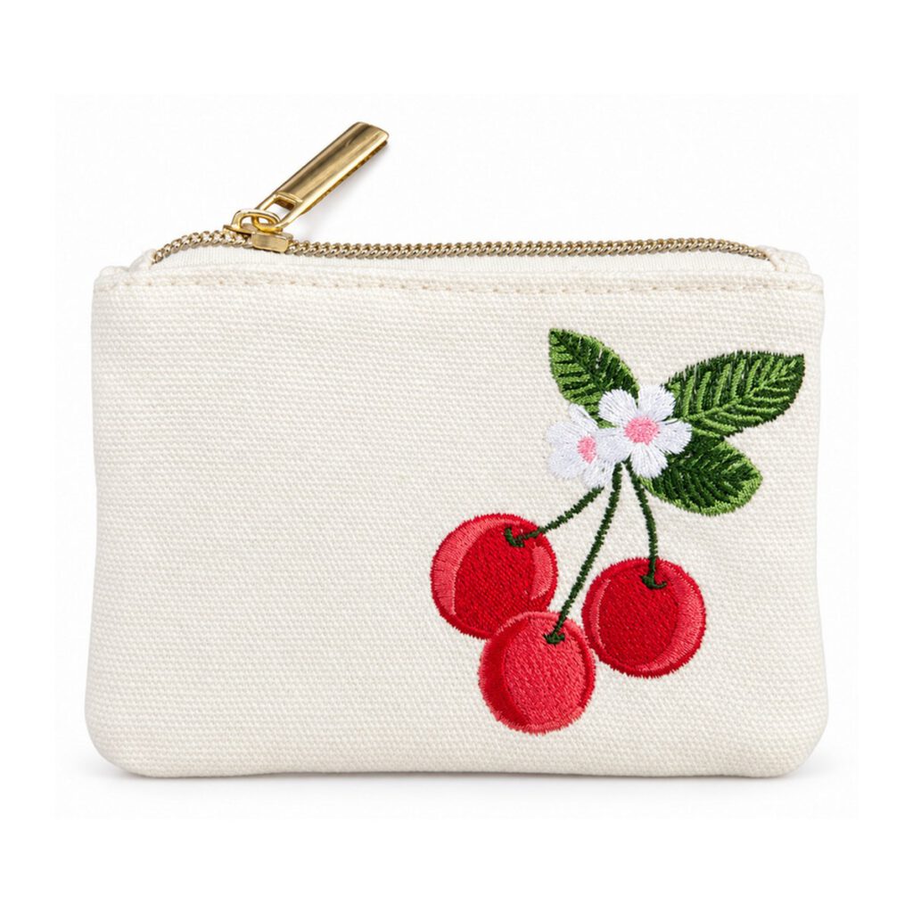 White Cherry Embroidered Coin Purse