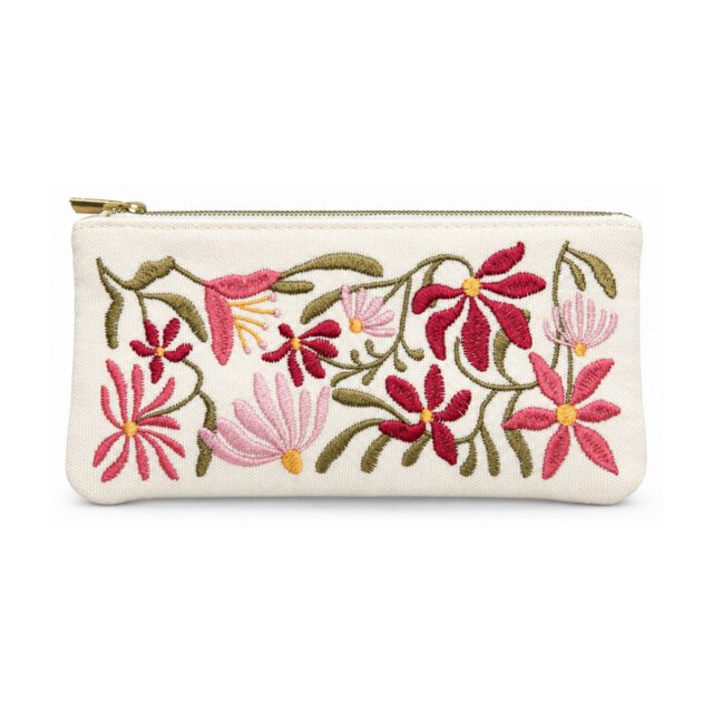 White Pink Floral Embroidered Pencil Case