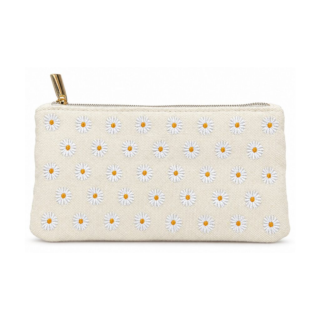 White All-Over Daisy Embroidered Pencil Case