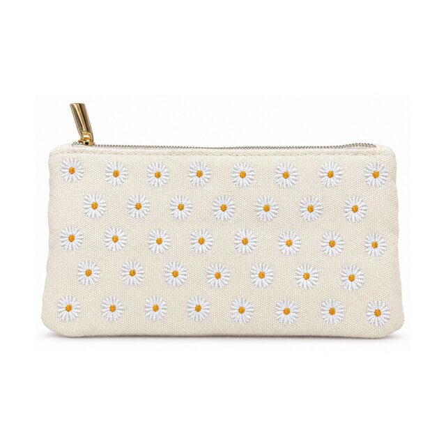 White All-Over Daisy Embroidered Pencil Case