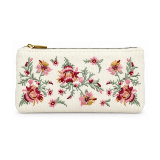 White Vintage Floral Embroidered Pencil Case