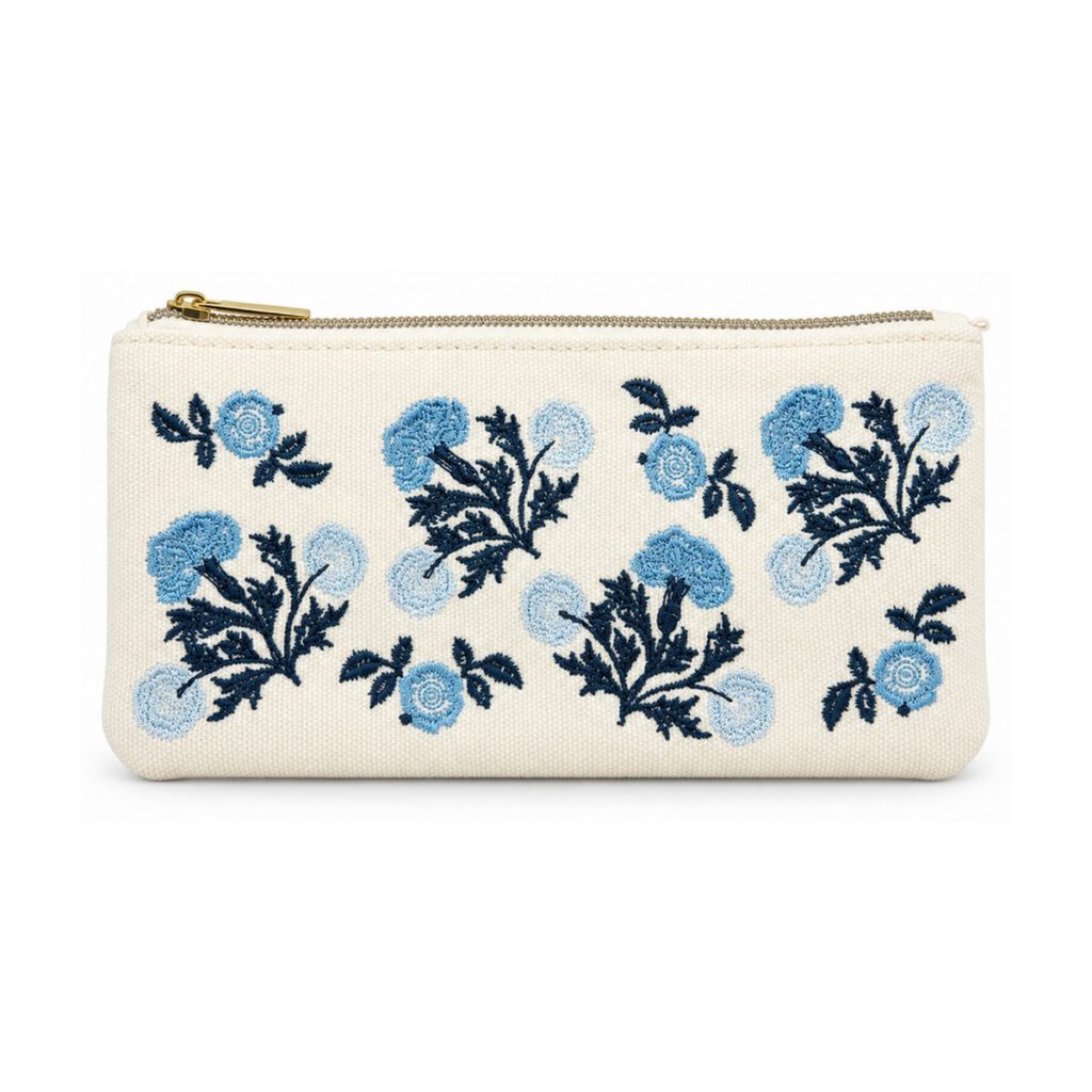 White Blue Floral Embroidered Pencil Case