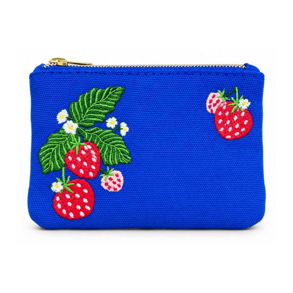 Royal Blue Strawberry Embroidered Cosmetic Bag