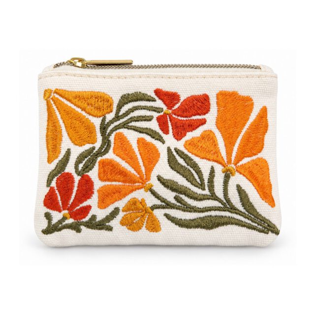 White Orange and Red Floral Embroidered Cosmetic Bag