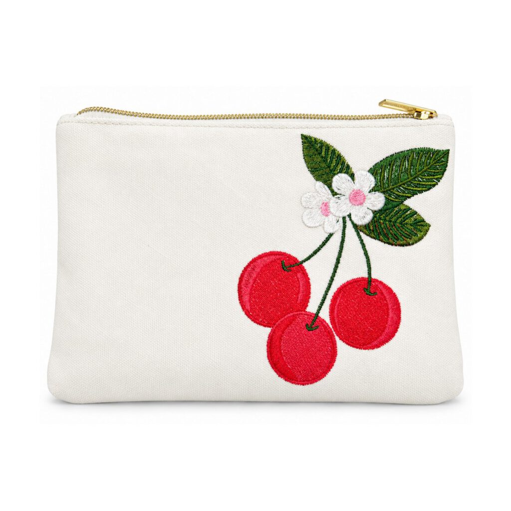 Off-White Three-Cherry Embroidered Cosmetic Bag