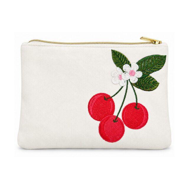 Off-White Three-Cherry Embroidered Cosmetic Bag