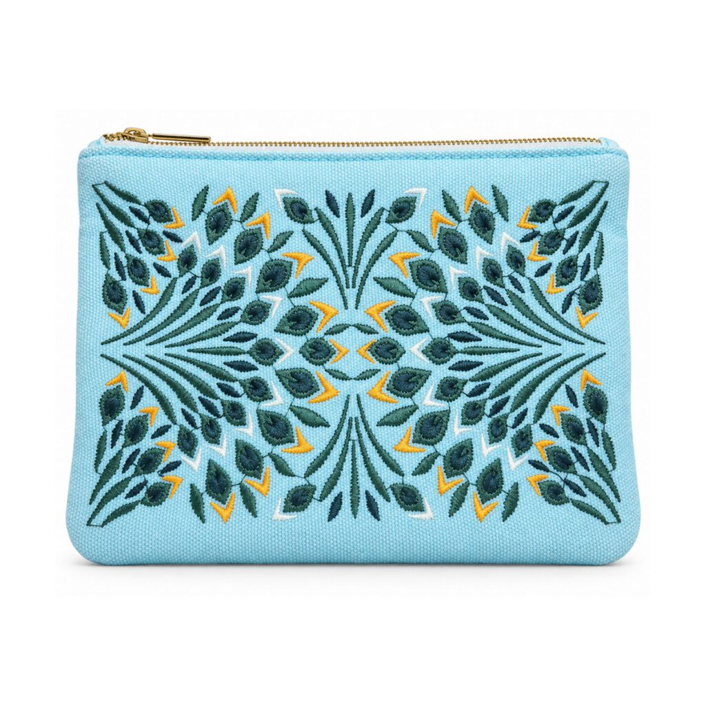 Light Blue Symmetrical Floral Embroidered Cosmetic Bag