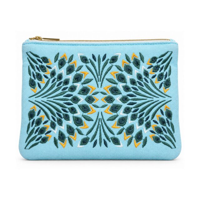 Light Blue Symmetrical Floral Embroidered Cosmetic Bag