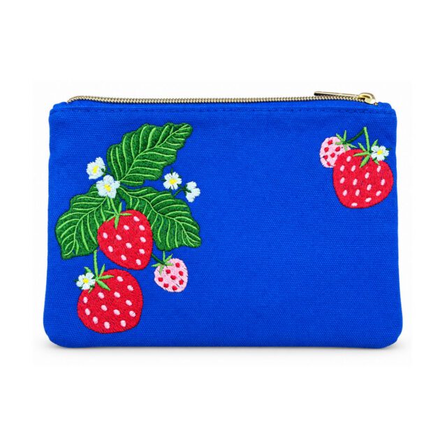 Royal Blue Strawberry Embroidered Cosmetic Bag