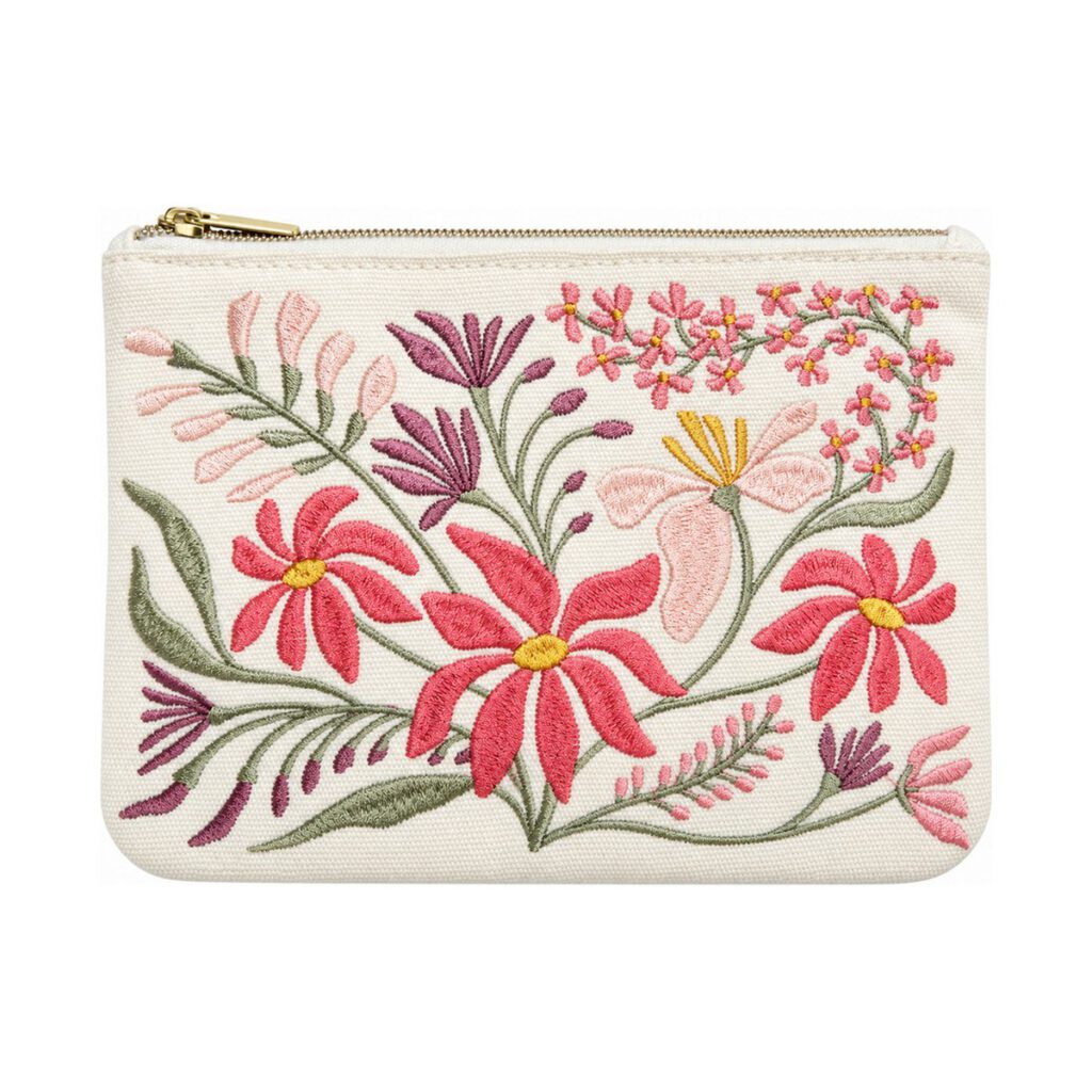 White Pink and Purple Floral Embroidered Cosmetic Bag