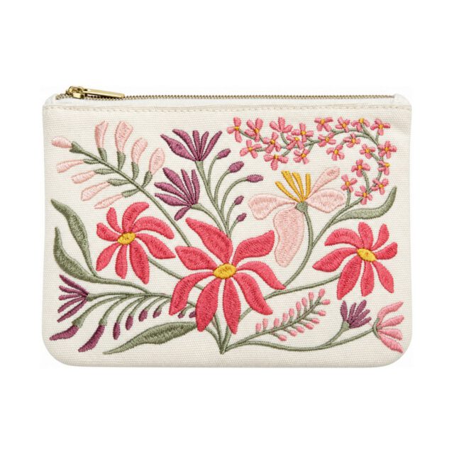 White Pink and Purple Floral Embroidered Cosmetic Bag