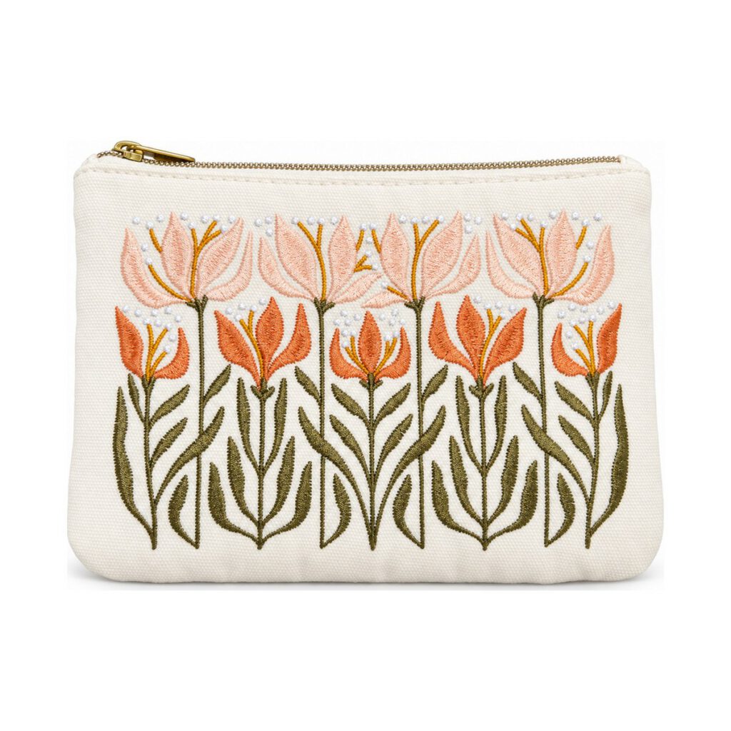 White Orange and Pink Floral Embroidered Cosmetic Bag