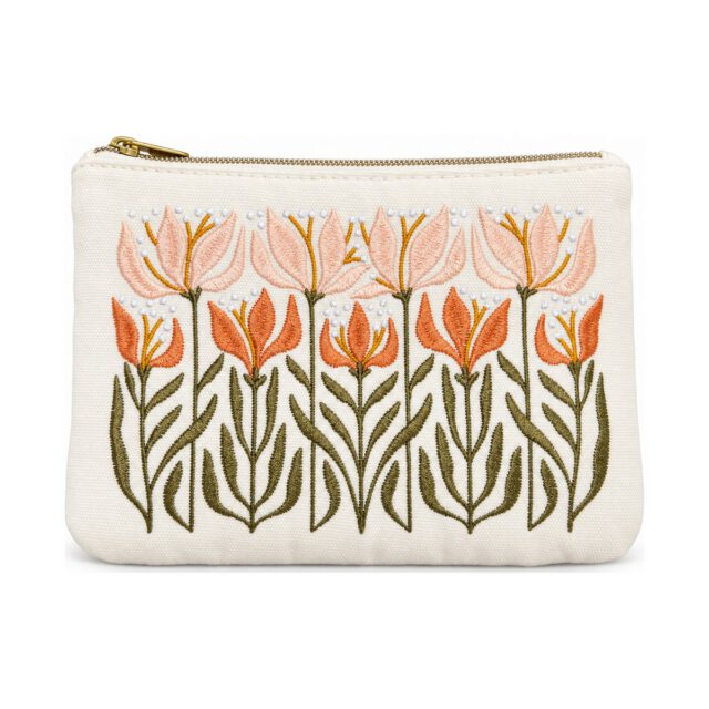 White Orange and Pink Floral Embroidered Cosmetic Bag