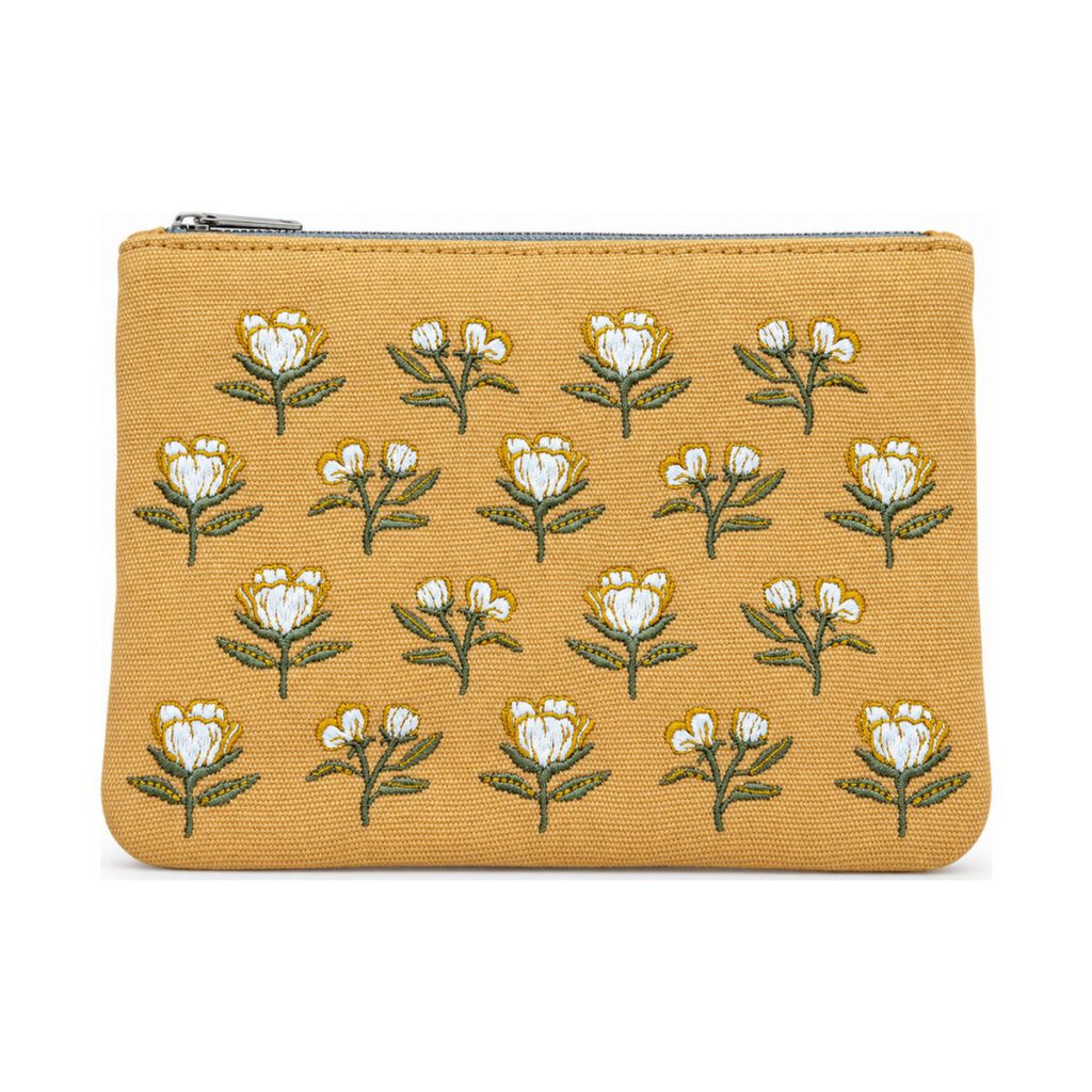 Mustard Yellow White Floral Embroidered Cosmetic Bag