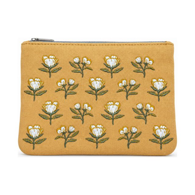 Mustard Yellow White Floral Embroidered Cosmetic Bag